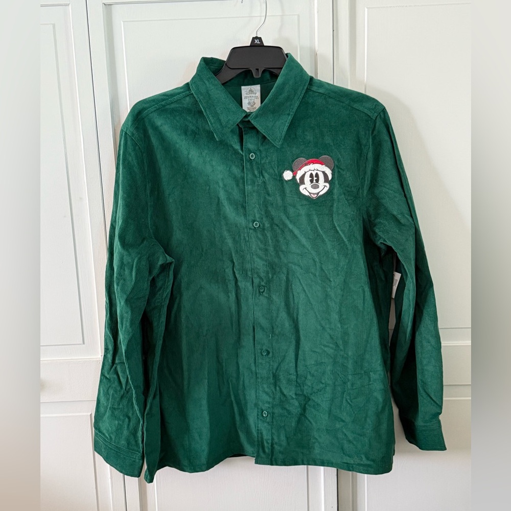 🌲NWT Disney Mickey Mouse Santa Green Corduroy Button-Up Shirt XL | Holiday